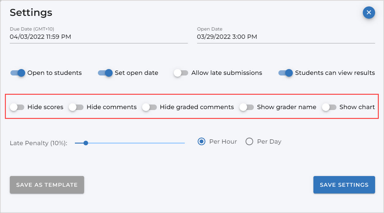 On the Settings page, the 2nd row of options with toggle buttons is highlighted. The options are Hide scores, Hide comments, Hide graded comments, Show grader name and Show chart.